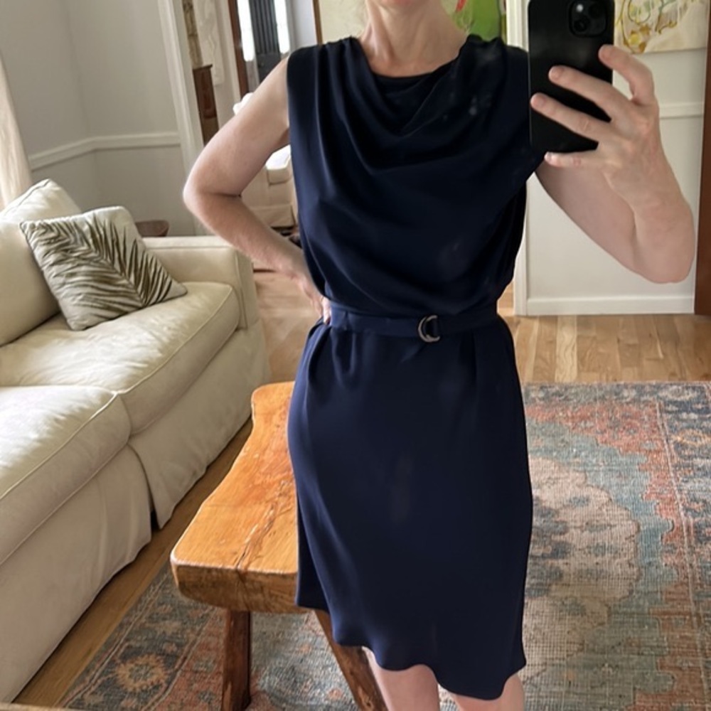 Halston heritage navy Rayon sheath dress with shoulder ruching S